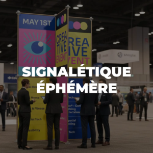 easystand-signaletique Totem d'orientation dans un salon événementiel entièrement réalisé avec la solution EasyStand